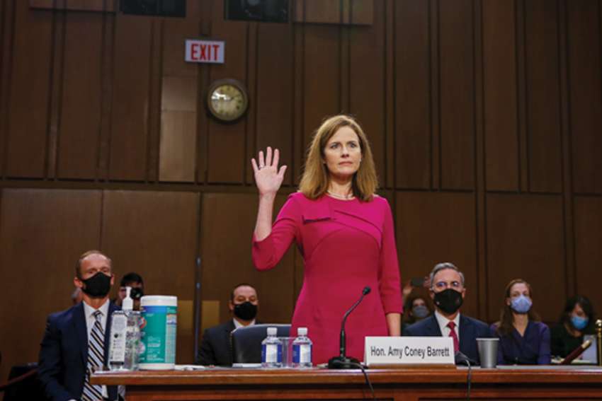 Judge Amy Coney Barrett is sworn in during a confirmation hearing before the Senate Judiciary Committee Oct. 12.