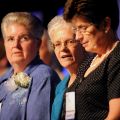 Franciscan Sister Florence Deacon (center), president of the Leadership Conference of Women Religious, is joined by Sister Carol Zinn (left), a Sister of St. Joseph, and past president Franciscan Sister Pat Farre ll in a file photo marked Aug 10, 2012. A statement issued by the Vatican May 7 said the doctrinal congregation and the congregation for religious &quot;have for some time been collaborating on a renewed theological vision of religious life in the church.&quot;