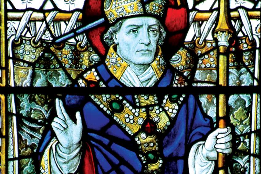 A stained glass window of St. Thomas Becket is seen at St. Alban’s Cathedral in St. Albans, England.