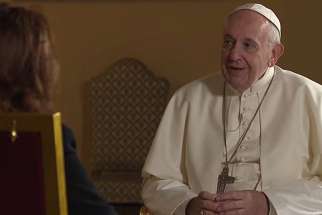 Pope Francis speaks with Valentina Alazraki of the Mexican television station Televisa during an interview that aired in May 2019. A clip, apparently cut from the interview and shows Pope Francis talking about “civil unions,” is used in the documentary &quot;Francesco&quot; by Evgeny Afineevsky.