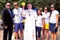 Oriana Bertucci, director of Catholic chaplaincy at Ryerson University, second from right, and Ryerson Catholics staff and students stand by their life-size cut out of Pope Francis during the Ryerson Students’ Union clubs fair in September.