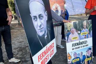 Representatives of international victims&#039; initiatives demonstrate in Rome Sept. 28, 2023, holding protest posters, including one that reads, &quot;Fernández must go!&quot; and another that says, &quot;Fernández: No friend to victims.&quot; Cardinal Víctor Manuel Fernández is prefect of the Vatican Dicastery for the Doctrine of the Faith.