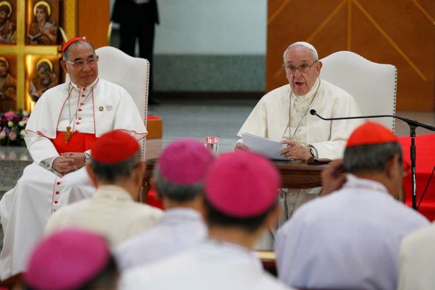 Pope Francis meets with the bishops of Thailand and with members of the Federation of Asian Bishops&#039; Conferences at the Shrine of Blessed Nicholas Bunkerd Kitbamrung in Tha Kham, Thailand, Nov. 22, 2019. Also pictured is Cardinal Francis Xavier Kriengsak Kovithavanij of Bangkok, left.