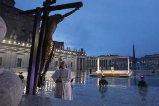 We know what Christ on the cross symbolizes. Do we know what the Pride flag means? Above, Pope Francis prays in front of the “Miraculous Crucifix” from the Church of St. Marcellus in Rome in St. Peter’s Square.