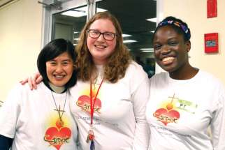 One Challenge foundress Mildred Moy, left, with street missionaries Fredrickson and Fehintola Okunubi. Teresa Do (not pictured) has also joined the full-time initiative.