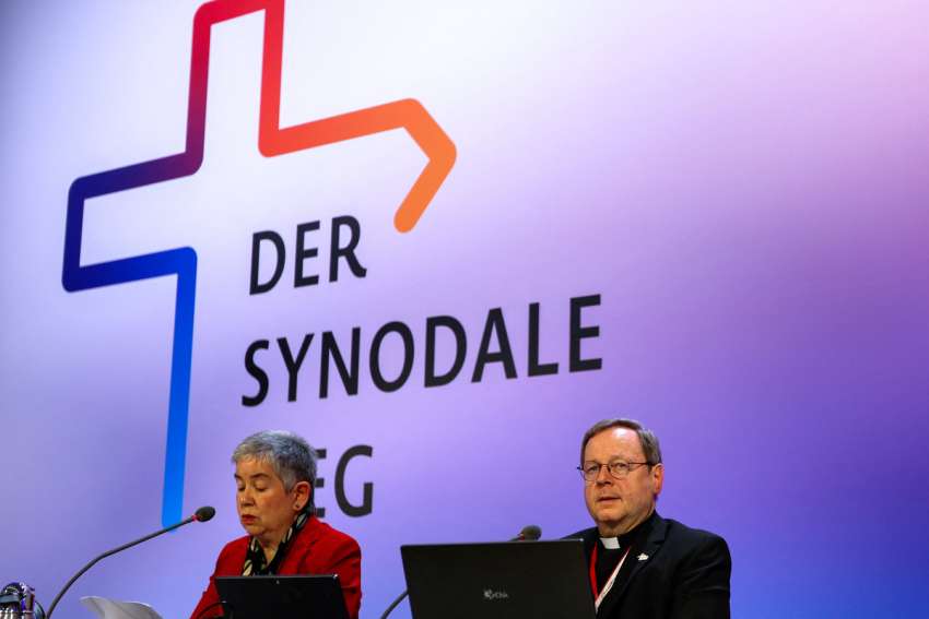 Irme Stetter-Karp, president of the Central Committee of German Catholics and co-chair of the Synodal Path, and Bishop Georg Bätzing, president of the German bishops&#039; conference, attend the fifth synodal assembly in Frankfurt March 9, 2023. 