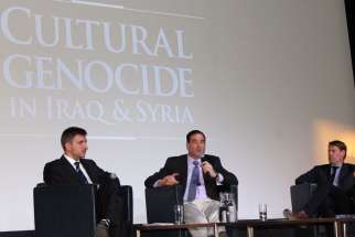 From left, Sascha Priewe, Clemens Reichel and Patrick Graham take part in a panel discussion on the cultural genocide taking place at the hands of the Islamic State in Iraq and Syria. The discussion took place April 14 at the Royal Ontario Museum in Toronto.