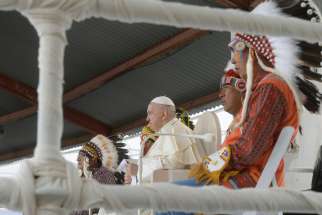 Pope Francis meets with First Nations, Métis and Inuit communities at Maskwacis, Alberta, July 25, 2022.