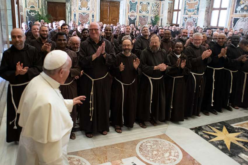  Pope Francis meets Sept. 14 at the Vatican with members of the Capuchin general chapter. During the chapter meeting, the Capuchins elected Italian Father Roberto Genuin as their new minister general. 