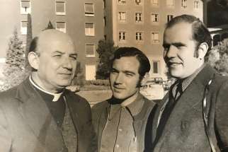 Bishop Enrique Angelelli Carletti of La Rioja, Argentina, is shown in a 1974 photo taken in Germany with two collaborators from his rural movement ministry, which promoted co-ops for small farmers. The bishop&#039;s vehicle was run off the road by assassins in 1976. 