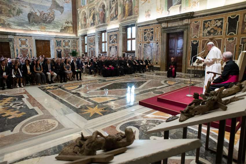 Pope Francis leads an audience with participants of an international meeting of schools, movements and associations of the new evangelization at the Vatican Sept. 21, 2019. The pope said the church should be more concerned with welcoming those who are far from the church rather than defending its good name.