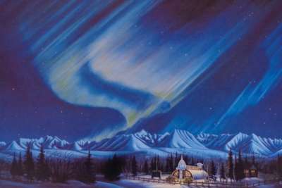 Our Lady of the Way Church, converted from a quanset hut used to house American troops building the Alaska Highway, stands out against the northern lights in this Libby Dulac painting.