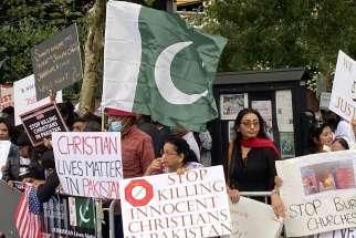 Pakistani-American Catholics and Christians protest near the United Nations headquarters in New York City Aug. 24, 2023, over Pakistan&#039;s discrimination and persecution of Christians and a recent wave of attacks on 26 churches in Jaranwala, about 210 miles north of Islamabad, the capital.