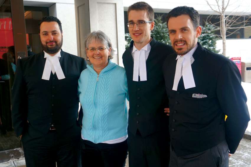 Patricia Maloney with constitutional lawyer Albertos Polizogopoulos, left, ARPA Canada in-house counsel John Sikkema and ARPA Canada’s Director of Law and Policy André Schutten after they argued their case in in 2017 to have an Ontario law restricting access to abortion statistics struck down.