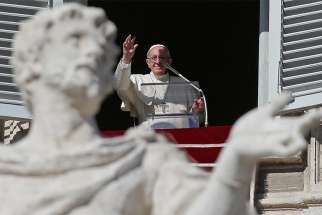 Pope Francis leads the Angelus from the window of his studio overlooking St. Peter&#039;s Square Feb. 4 at the Vatican.