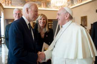 U.S. President Joe Biden greets Pope Francis during a meeting at the Vatican Oct. 29, 2021.