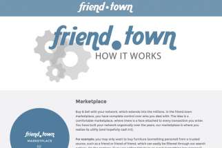 A screenshot of friend.town shows how users can buy and sell within a personal network. Users can find housing and organize activities too.