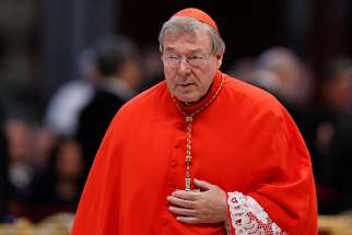 In this 2015 file photo, Australian Cardinal George Pell, prefect of the Vatican Secretariat for the Economy, is seen at the Vatican. A man Cardinal Pell was convicted of sexually assaulting said he is finding it hard to &quot;take comfort&quot; in the cardinal&#039;s six-year jail sentence because a request to appeal the conviction is due to be heard June 5. 