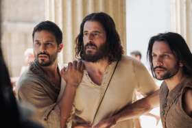 From left, Simon Zee (Alaa Safi), Jesus (Jonathan Roumie) and Simon Peter (Shahar Isaac) in a scene from the fourth season of The Chosen — released exclusively in theatres Feb. 1.