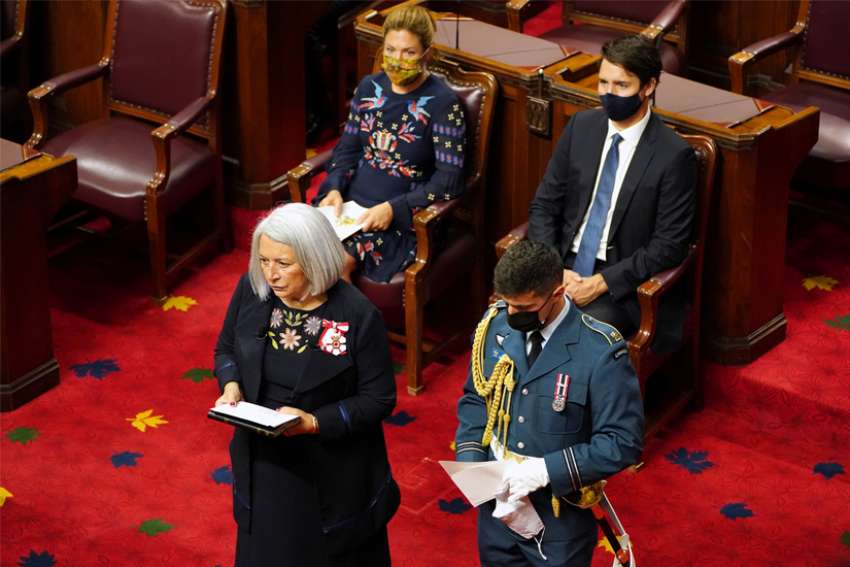 Mary Simon, governor general of Canada, takes part in the Taking of the Oaths as Prime Minister Justin Trudeau and his wife, Sophie Gregoire Trudeau, look on in Ottawa July 26, 2021. Simon is the first Indigenous person appointed governor general of Canada.