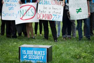 Demonstrators in Washington protest nuclear weapons April 1, 2016 while world leaders were in the U.S. capital for the Nuclear Security Summit.