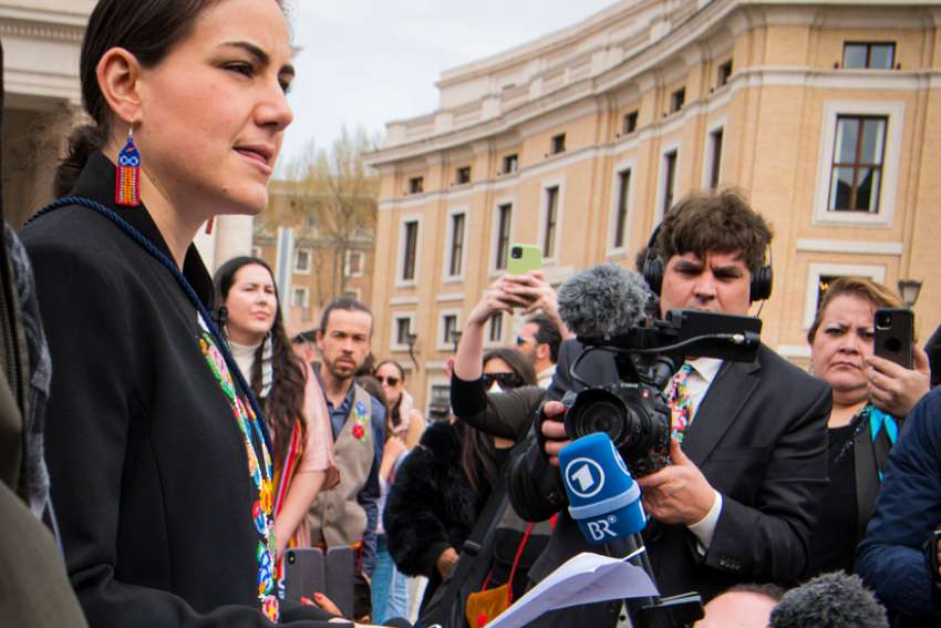 Métis National Council president Cassidy Caron addresses the media just outside of St. Peter’s Square, March 28, 2022.