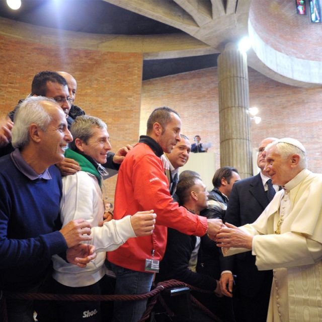 Pope Benedict XVI is greeted by inmates as he arrives for a pastoral visit at Rebibbia prison in Rome Dec. 18. Pope Benedict said during his visit to one of Italy&#039;s toughest prisons that overcrowding conditions in prison is like serving a &quot;double sentence&quot; and detainees should be treated with respect and dignity. 