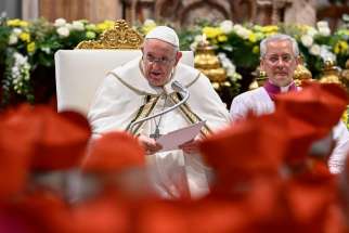 Pope Francis speaks as he leads a consistory for the creation of 20 new cardinals in St. Peter&#039;s Basilica at the Vatican Aug. 27, 2022.
