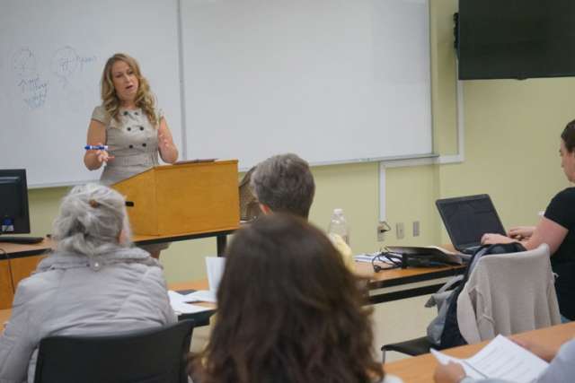 Catholic Christian Outreach co-founder Angele Regnier presents a class on CCO faith study materials at Saint Paul University&#039;s Summer Institute of New Evangelization.