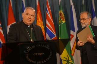 CCCB vice president Archbishop Richard Gagnon of Winnipeg and CCCB president Bishop Lionel Gendron of Saint-Jean-Longueuil at a news conference on Parliament Hill April 18. 
