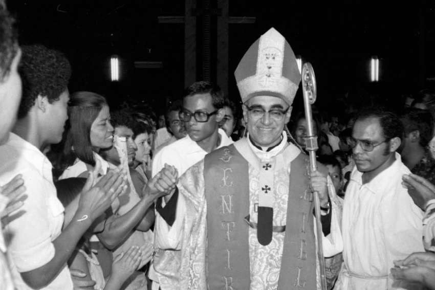 Then-Archbishop Oscar Romero is pictured greeting worshippers in San Salvador, El Salvador.