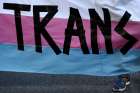 A person holds a &quot;Trans&quot; banner in this illustration photo.