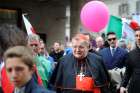 Cardinal Raymond L. Burke walks in the ninth national March for Life in Rome May 18, 2019. The Shrine of Our Lady of Guadalupe in La Crosse, Wis., reported Aug. 21, 2021, that the cardinal, who remained hospitalized for COVID-19, was removed from a ventilator, taken out of ICU and returned to a regular hospital room.