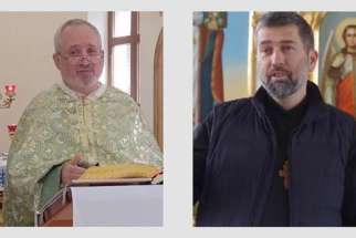 Fr. Bohdan Heleta, left, and Fr. Ivan Levitsky are seen in this undated screen grab. The fate of the two Ukrainian Greek Catholic priests remains unknown almost a year after their capture by Russian forces. 