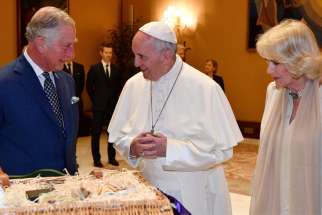 Pope Francis talks with Britain&#039;s Prince Charles and his wife, Camilla, Duchess of Cornwall, during a private audience at the Vatican.