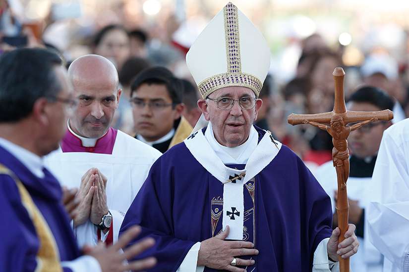 Pope Francis arrives in procession to celebrate Mass at the fairgrounds in Ciudad Juarez, Mexico, Feb. 17.