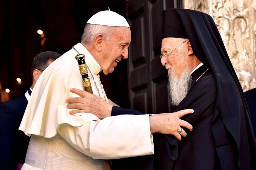 Pope Francis greets Ecumenical Patriarch Bartholomew of Constantinople outside the Basilica of St. Nicholas in Bari, Italy, on July 7, 2018. The Pope met leaders of Christian churches in the Middle East for an ecumenical day of prayer for peace in the region.