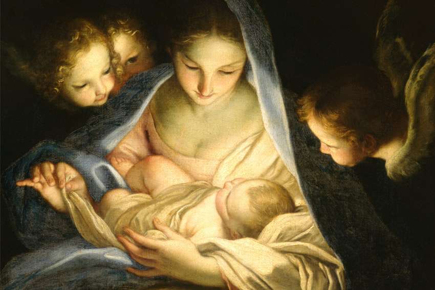 Mary and the Christ Child with angels are depicted in a painting titled &quot;Holy Night&quot; by Carlo Maratti.