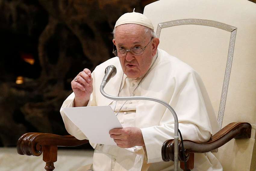Pope Francis speaks during his general audience in the Paul VI hall at the Vatican Jan. 4, 2023.