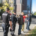 Carleton Lifeline members, from left, Craig Stewart, James Shaw and Nicholas McLeod, are arrested last October by Ottawa Police for trespassing on the Ottawa university campus after setting up a pro-life display.