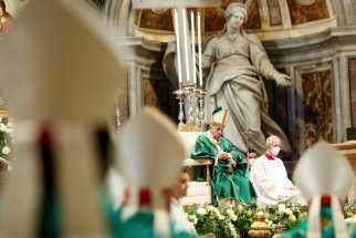 Pope Francis celebrates a Mass to open the process that will lead up to the assembly of the world Synod of Bishops in 2023, in St. Peter&#039;s Basilica at the Vatican Oct. 10, 2021.