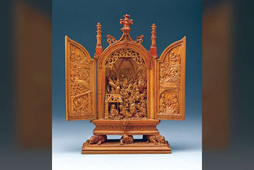 This Netherlandish miniature altarpiece portrays a nativity scene and was made 1500 - 1530. Made from boxwood, it measures 15.6 x 13 x 2.9 cm open and  14.7 × 9.6 × 3.9 cm closed. From the Thomson Collection at the Art Gallery of Ontario, Toronto.