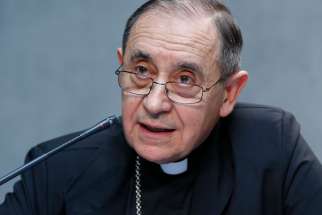 Bishop Juan Ignacio Arrieta, secretary of the Pontifical Council for Legislative Texts, attends a press conference to discuss revisions to the Code of Canon Law, at the Vatican June 1, 2021. Pope Francis has promulgated a revised section of the Code of Canon Law dealing with crimes and punishments.