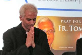Salesian Father Tom Uzhunnalil, who was released from captivity Sept. 12, greets journalists as he arrives for a news conference in Rome Sept. 16. Father Uzhunnalil was abducted during an attack on a charity care home in Yemen in March 2016 and imprisoned for 18 months. 