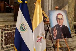 A portrait of Blessed Oscar Romero is displayed March 23 in Rome&#039;s Basilica of Santa Maria in Trastevere.