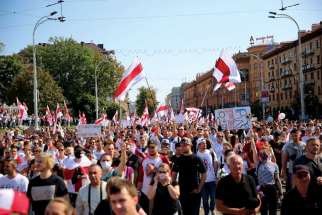 Opposition supporters take part in a rally against election results in Minsk, Belarus, Aug. 30.