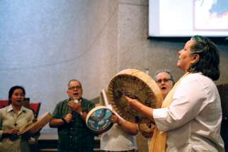 Drummers from the parish of St. Kateri Tekakwitha Aboriginal Church perform at St. Boniface Cathedral.