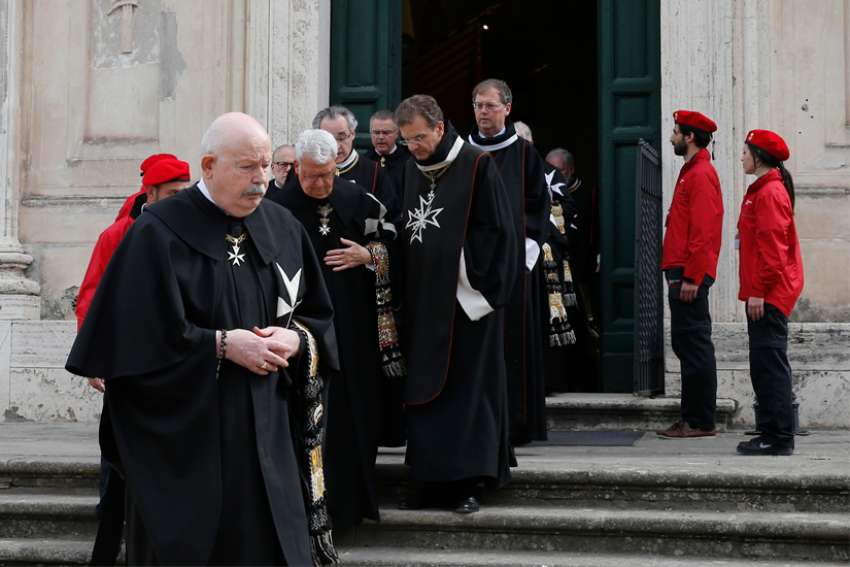 Fra&#039; Giacomo Dalla Torre, left, is seen in a 2018 file photo in Rome. Dalla Torre, who led the Knights of Malta following a tumultuous period in relations with the Vatican, died in Rome April 29, 2020, at the age of 75, the order announced.