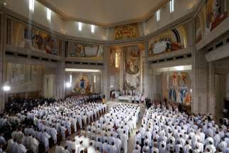 Pope Francis celebrates Mass with priests, religious and consecrated persons at the St. John Paul II Shrine in Lagiewniki, a suburb of Krakow, Poland, July 30.