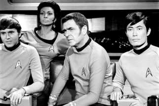 The crew of the Starship Enterprise from Star Trek: The Original Series. From left: Chekov (Walter Koenig), Uhura (Nichelle Nichols), Scott (James Doohan) and Sulu (George Takei) in the 1969 episode &quot;Let That Be Your Last Battlefield.&quot;